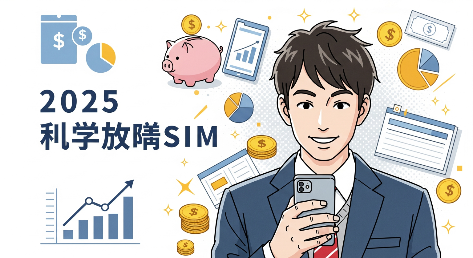男子学生がスマートフォンを見て嬉しそうに微笑んでいるイラスト。背景には「2025 格安SIM」の文字と、節約をイメージさせる豚の貯金箱やコインなどが描かれており、学生がスマホ代を安く抑えられた満足感を表現している。