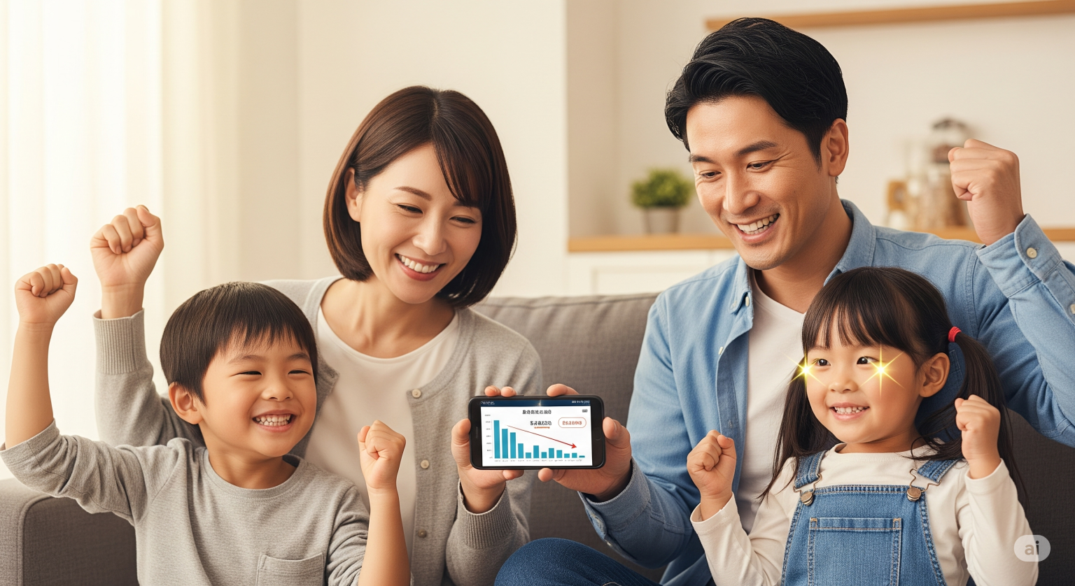 スマートフォンを囲んで、通信費の節約ができたことを喜ぶ4人家族のイラスト。