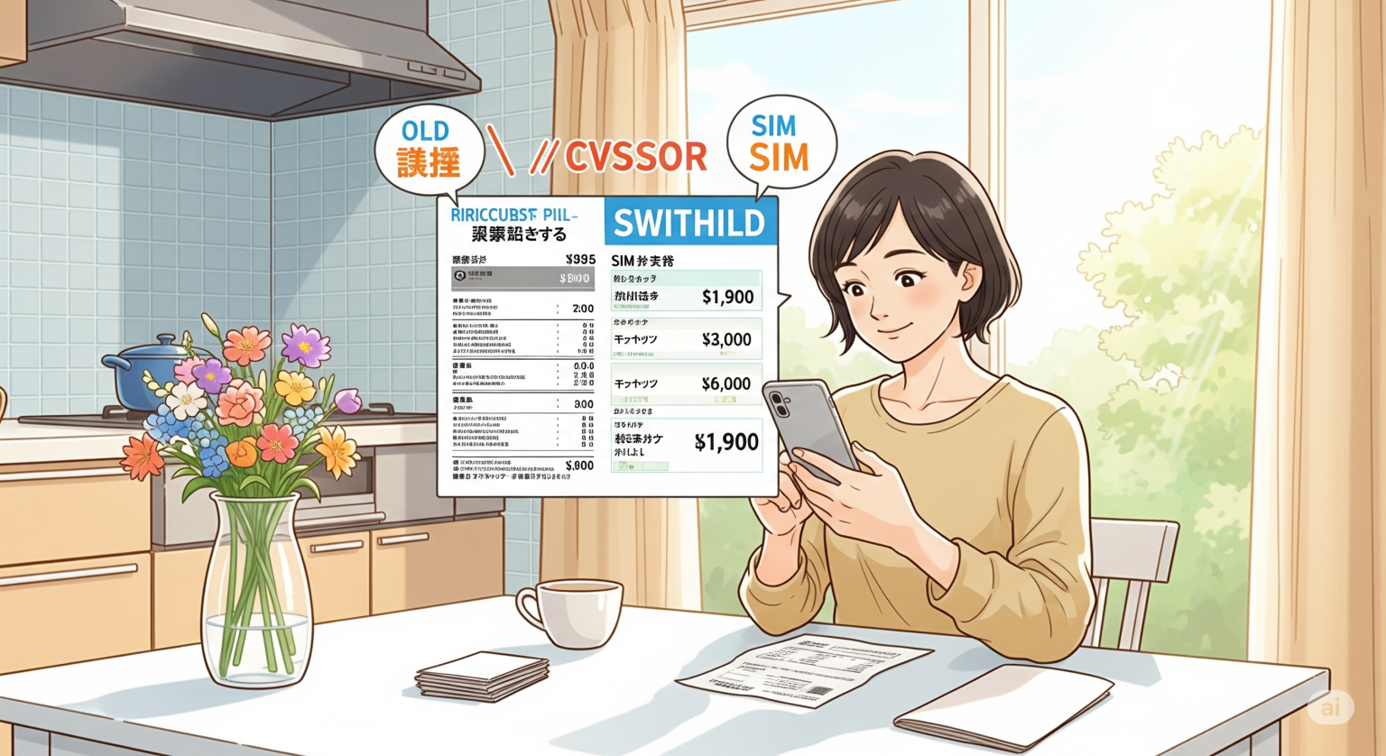 明るいキッチンで、女性がテーブルに座り、スマートフォンの料金明細を見比べて嬉しそうに微笑んでいるイラスト。キャリアから格安SIMに乗り換えてスマホ代が安くなり、家計の節約ができた喜びを表現している。