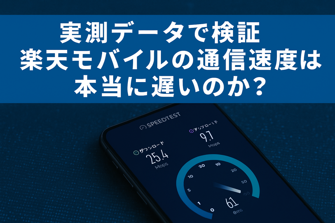 「実測データで検証 楽天モバイルの通信速度は本当に遅いのか？」という日本語タイトルとともに、スマートフォンのSpeedtestアプリ画面に表示された通信速度（ダウンロード25.4 Mbps、アップロード9.7 Mbps、Ping 61 ms）が見える横長のアイキャッチ画像。背景は暗めのブルーで、デジタル感のある雰囲気。