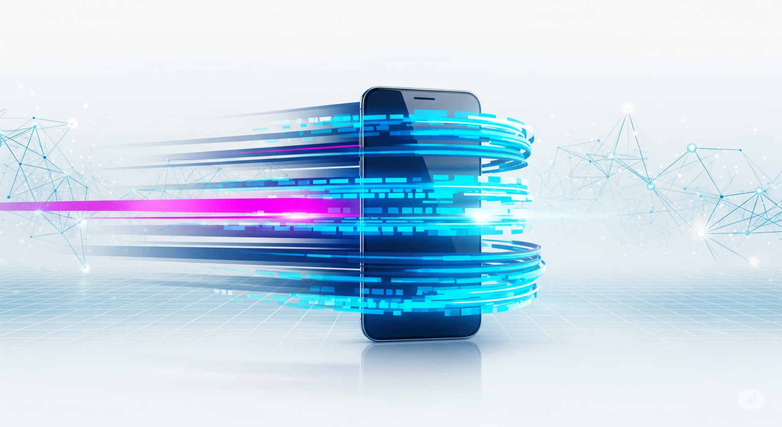 通信速度が速い格安SIMをイメージした画像。中央に配置されたスマートフォンの周りを、青く速い光の線が駆け巡り、快適でスピーディーなネットワーク接続を表現している。