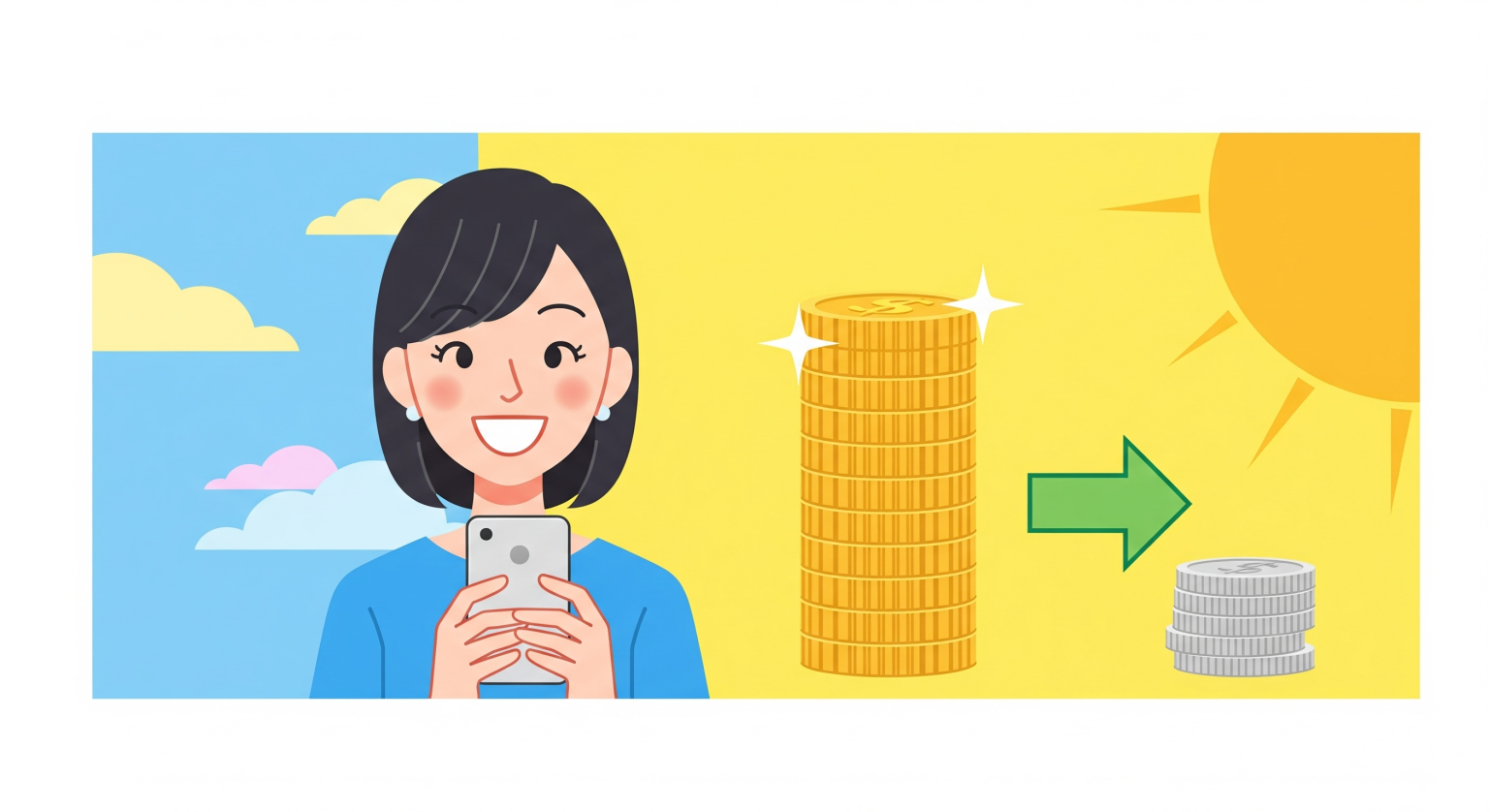 スマートフォンを手に持って嬉しそうに微笑む女性のイラスト。横には、たくさん積まれたコインが少ない枚数に減っていく様子を示す矢印があり、料金が大幅に節約できたことを表現している。