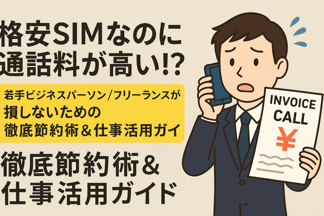 スーツ姿の若手ビジネスマンが通話中に驚いた表情を見せ、請求書（「INVOICE CALL」と書かれた紙）を持つイラストと、「格安SIMなのに通話料が高い！？徹底節約術＆仕事活用ガイド」と大きく書かれた日本語の見出しを配した横長のバナー画像。