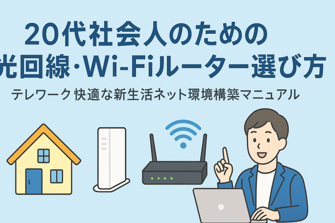 「20代社会人のための光回線・Wi-Fiルーター選び方」と書かれた横長のバナー画像。左から家のアイコン、光回線機器、Wi-Fiルーター、ノートPCを操作するスーツ姿の若者が配置され、背景は爽やかな水色。テレワークや新生活を連想させる明るい雰囲気。