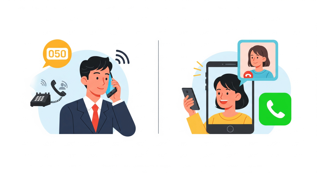 050番号アプリとLINE通話の違いを比較するアイキャッチ画像。ビジネス利用の050番号とプライベート利用のLINE通話を、スマホで使う人物イラストで分かりやすく表現。