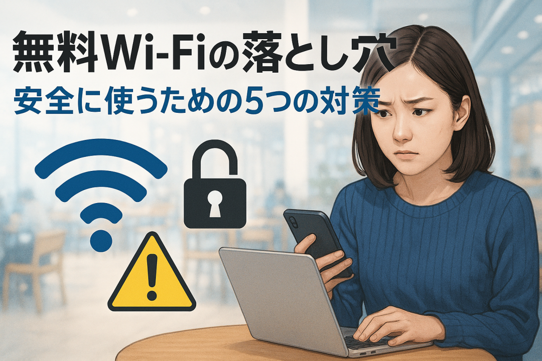 カフェのような公共スペースでノートパソコンとスマホを操作する女性が、不安そうな表情を見せている。画面にはWi-Fiマーク、鍵アイコン、警告マークが表示され、「無料Wi-Fiの落とし穴！安全に使うための5つの対策」という文字が中央に配置されている。公衆Wi-Fiの危険性と対策を訴えるイメージ。