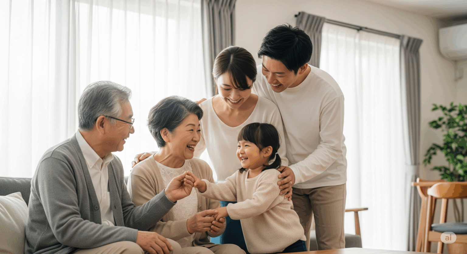 ソフトバンク光のおうち割 光セットのメリットを象徴する、リビングで談笑する笑顔の三世代家族