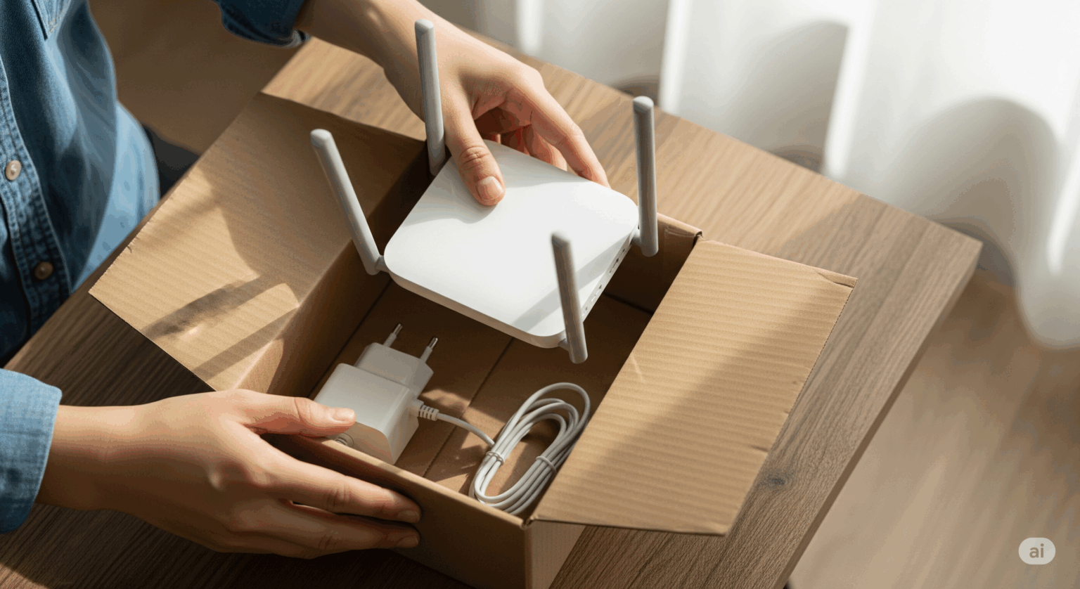 ソフトバンク光の解約にあたり、レンタル機器（ルーター）を返却するために箱詰めしているイメージ