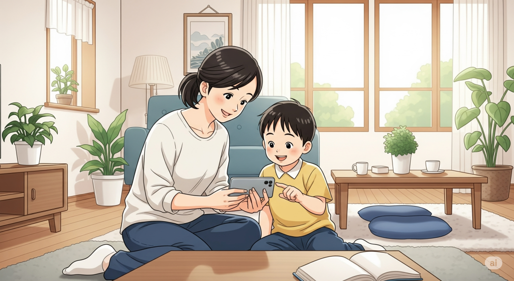 子供に最適な格安スマホプランの選び方をテーマにしたアイキャッチ画像。明るいリビングで、母親と小学生くらいの男の子が一緒にスマートフォンをのぞき込み、笑顔で話し合っている。親子のコミュニケーションと、家庭での安心安全なスマホ利用を象徴する温かい雰囲気のイラスト。