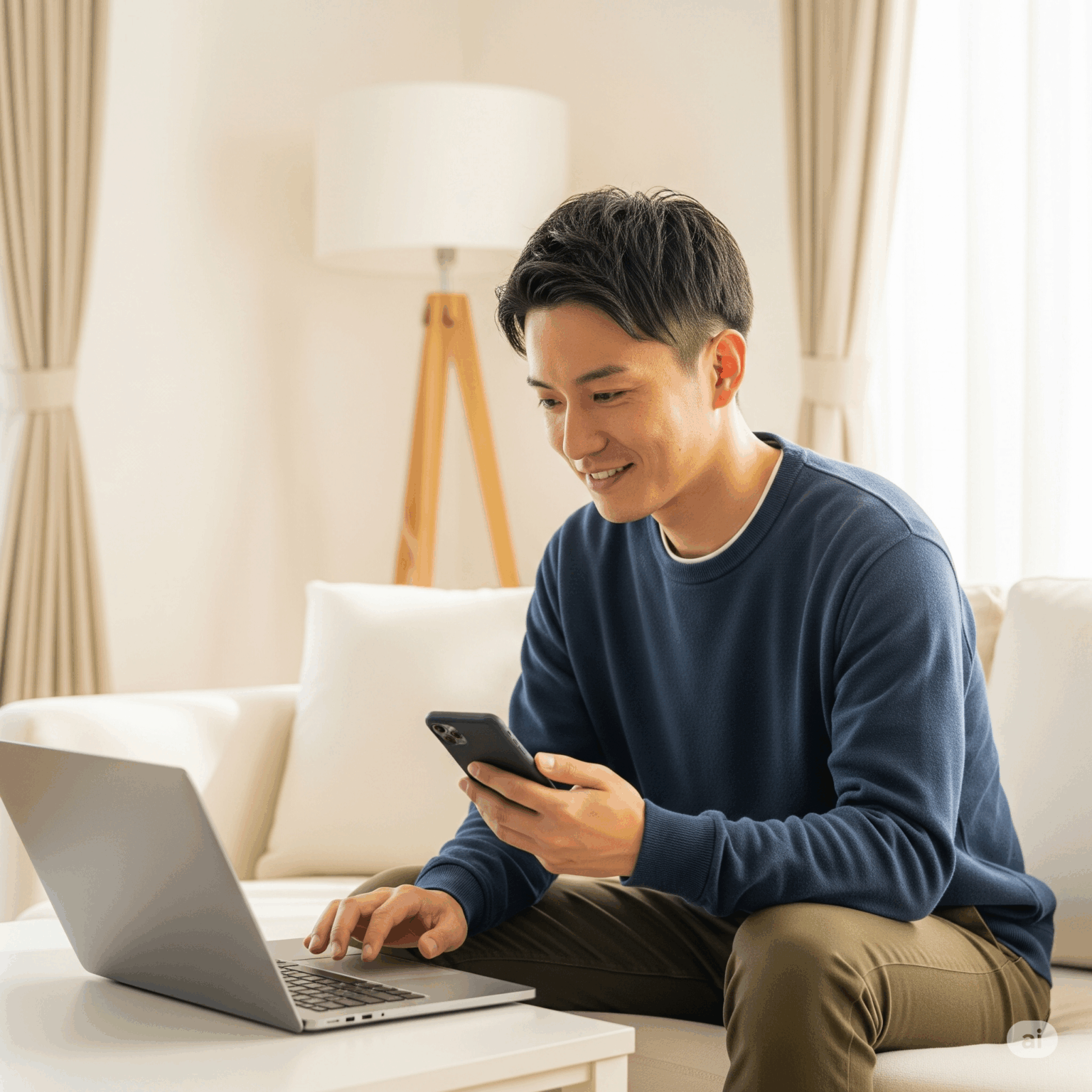 ソフトバンク光の評判をノートパソコンで調べ、納得した表情でソファに座っている若い男性