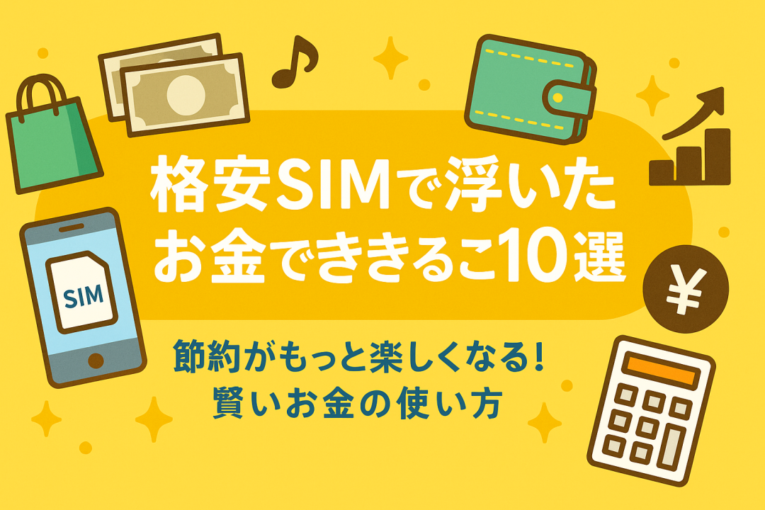 格安SIMで浮いたお金でできること10選」という日本語のタイトルが中央に大きく表示された横長のバナー画像。背景は黄色で、周囲にスマートフォン、財布、電卓、音符、紙幣、ショッピングバッグ、円マーク、グラフアイコンなど、お金の使い道をイメージさせるポップなイラストが散りばめられている。下部には『節約がもっと楽しくなる！賢いお金の使い方』というサブコピーが青字で表示されている。