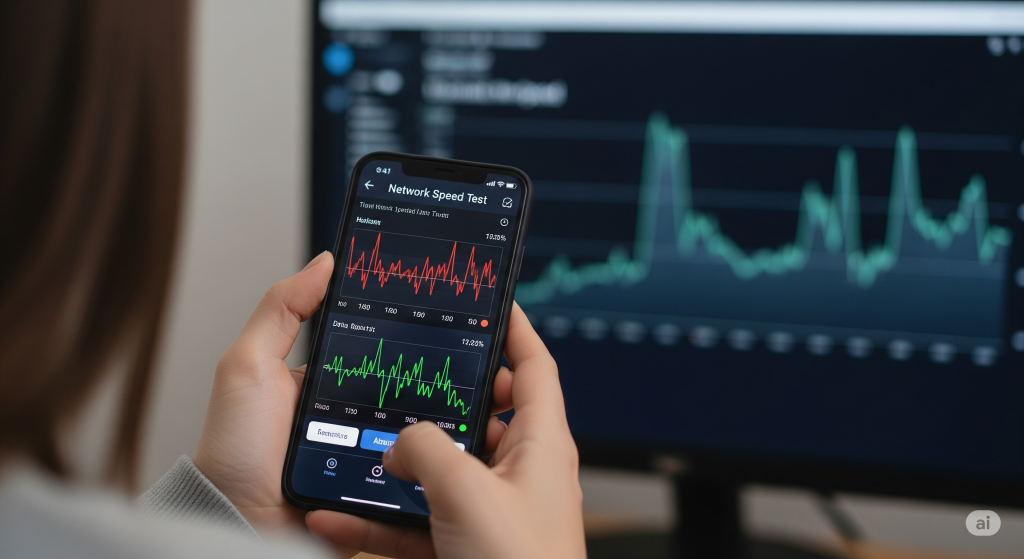 スマートフォンで通信速度を測定している様子。背景のPCには速度変化を示すグラフが表示されている。