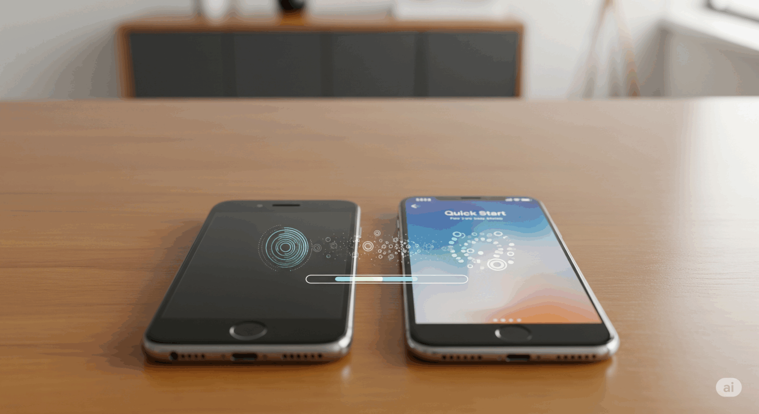 ahamoの機種変更で、データ移行をしている様子のイメージ画像。古いスマートフォンと新しいスマートフォンを机の上に並べ、ワイヤレスでデータが転送されている。簡単でスムーズなデータ移行のプロセスを象徴している。