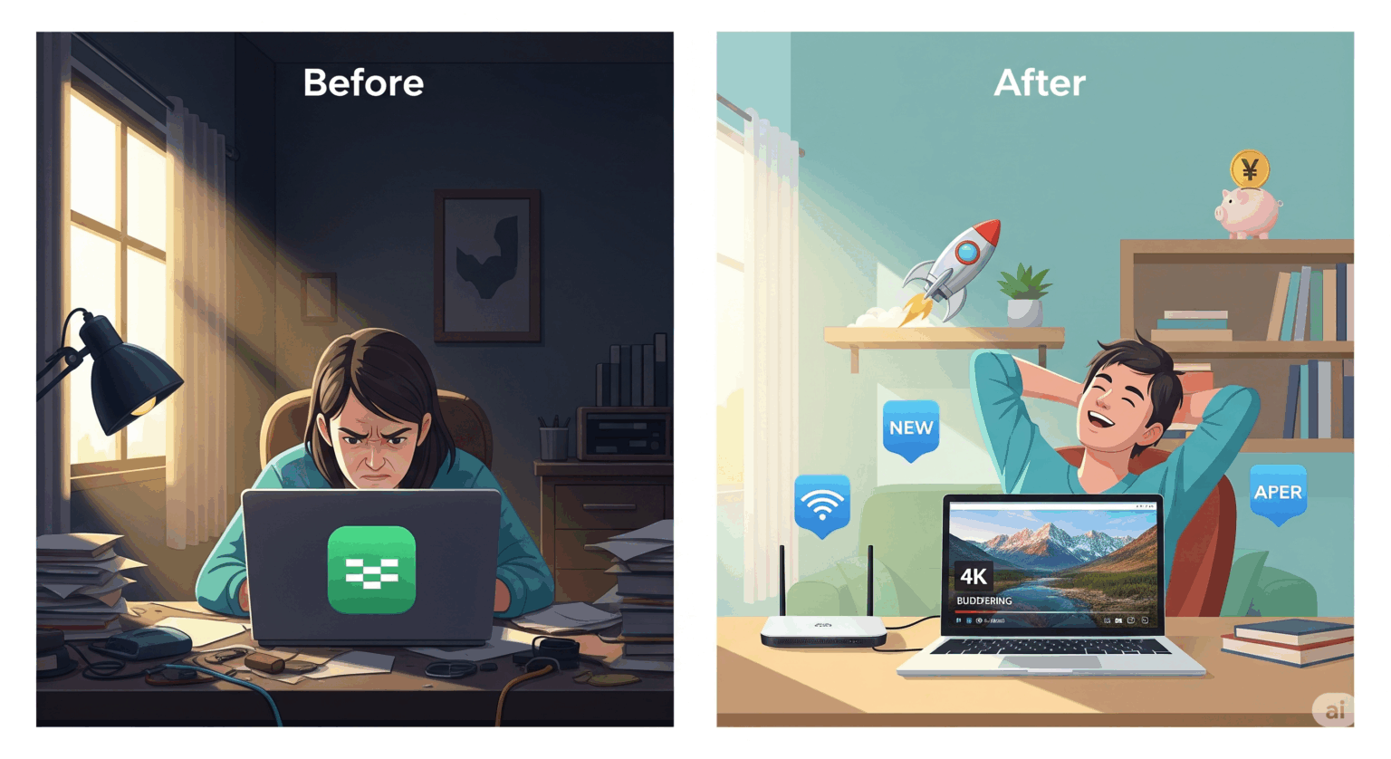 ドコモ光のプロバイダ選びの重要性を示す「Before/After」のイラスト。左側（Before）では、暗い部屋でパソコンの読み込み画面にイライラする女性。右側（After）では、最適なプロバイダを選んだことで、明るい部屋で快適に高画質動画を楽しみ、速度・特典・料金のメリットを享受している男性。