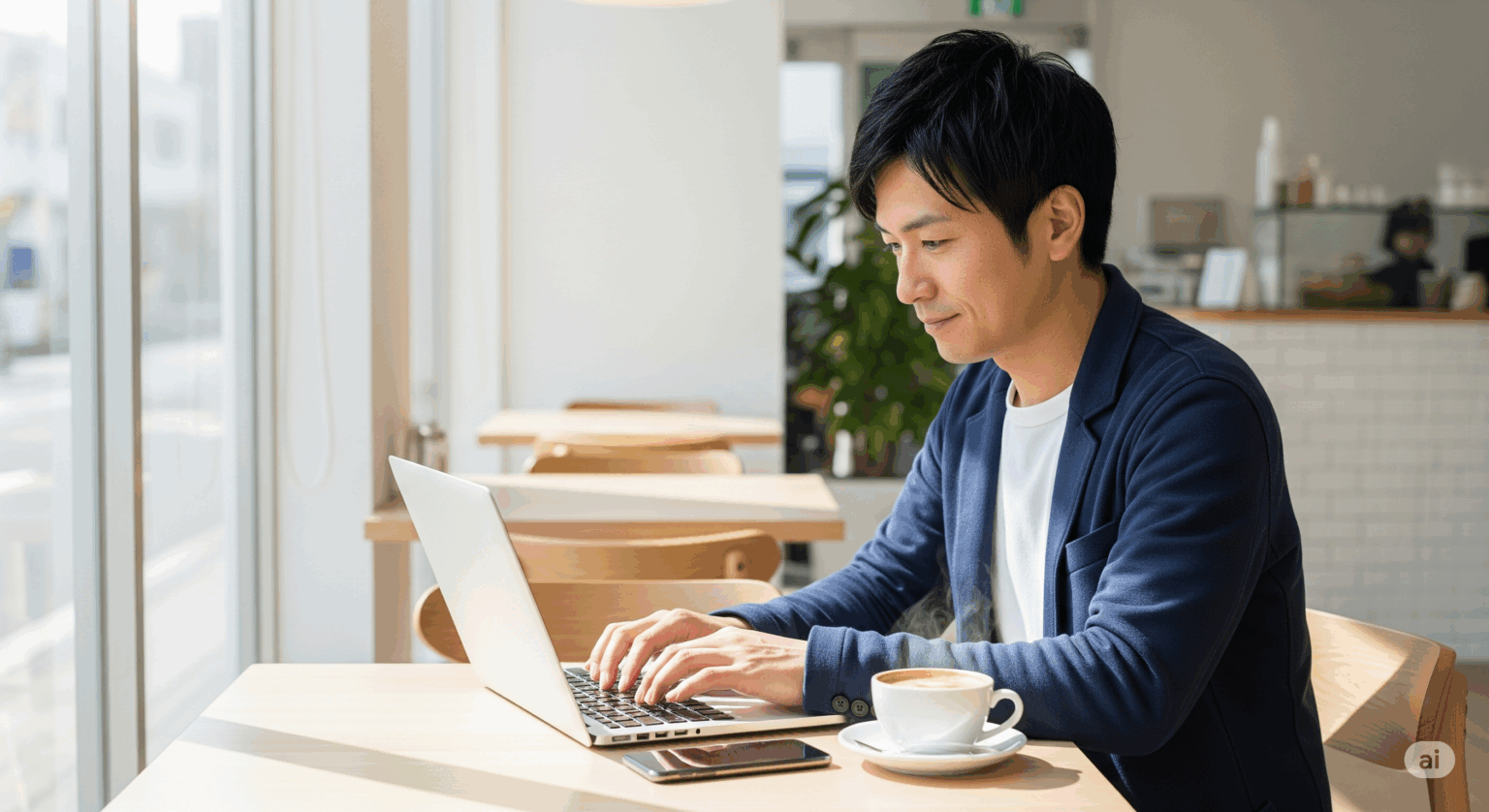 ahamoのテザリング機能を使い、カフェでリモートワークをする男性のイメージ。明るい店内で、スマートフォンの横にノートパソコンを広げ、集中して作業に取り組んでいる。無料で快適なモバイル通信環境を象徴する画像。