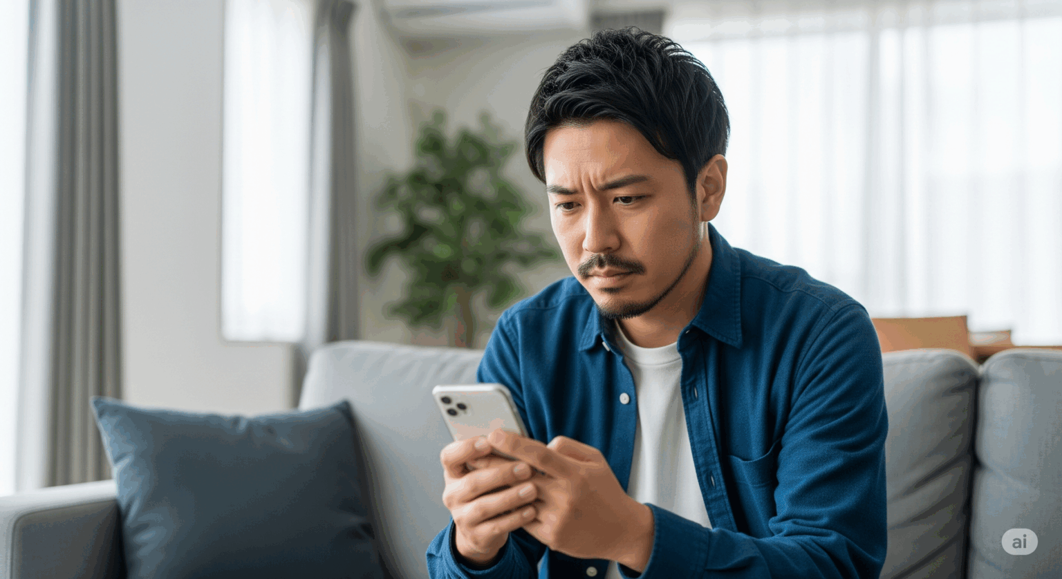 リビングのソファに座り、スマートフォンを真剣な表情で見つめている男性。スマホプランのデメリットや注意点を調べ、後悔しないように慎重に乗り換えを検討しているイメージ。