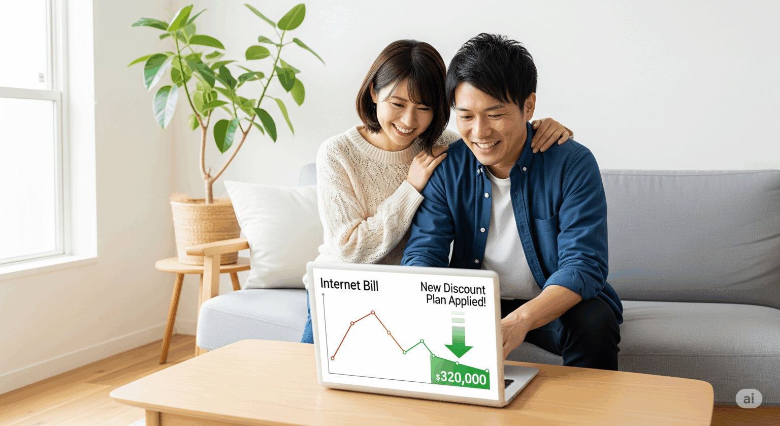 ドコモ光の料金見直しで、請求額が安くなったことを喜ぶ夫婦のイメージ画像。ノートパソコンの画面に表示された「インターネット料金」のグラフが、新しい割引プランの適用で大幅に下がっているのを見て、二人で笑顔になっている。