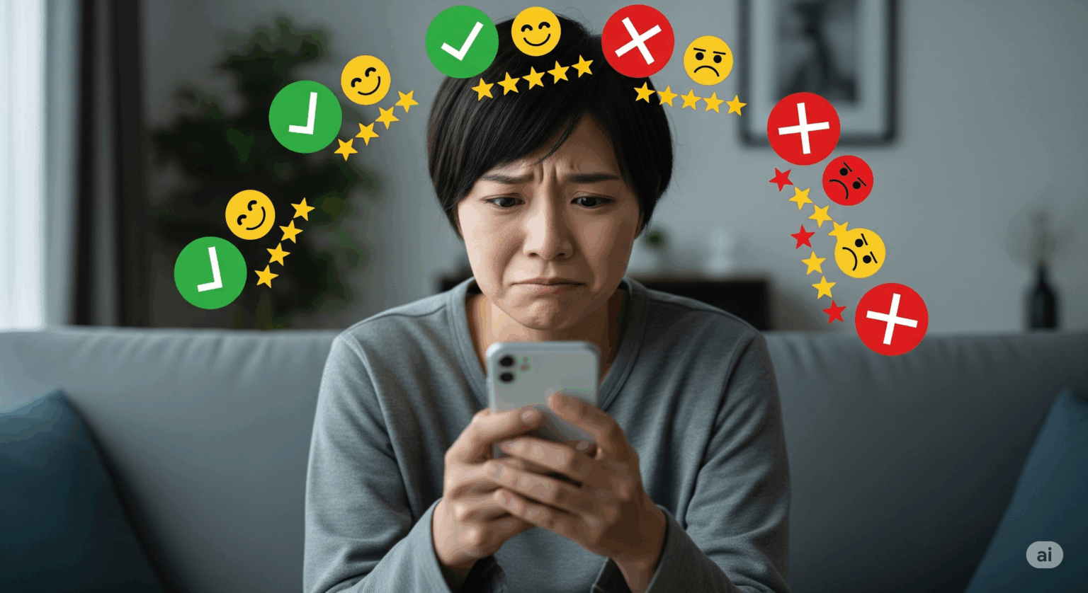 ドコモ光の悪い評判を見て不安な表情を浮かべる女性の画像。スマホで口コミを検索し、多くの良い評価と悪い評価を示すアイコンに挟まれて困惑している様子を表している。