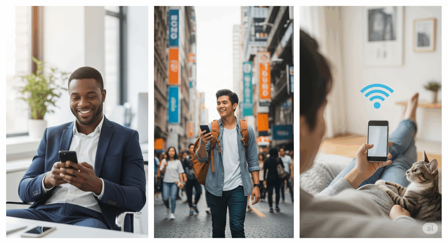 ドコモの3つの料金プラン（eximo, ahamo, irumo）が、それぞれどのようなユーザー向けかを示す画像。左から、手厚いサポートと最高のサービスを求めるビジネスパーソン（eximo）、コスパと品質を両立させたいアクティブなユーザー（ahamo）、自宅のWi-Fi利用が中心で料金を抑えたいライトユーザー（irumo）という3つのライフスタイルを表現している。