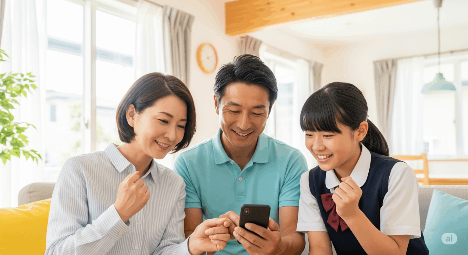 明るいリビングで、家族3人（父・母・中学生の娘）がスマートフォンを囲み、嬉しそうな表情を浮かべている様子。スマホプランの乗り換えによって家計が改善し、家族みんなで喜んでいるイメージの画像。