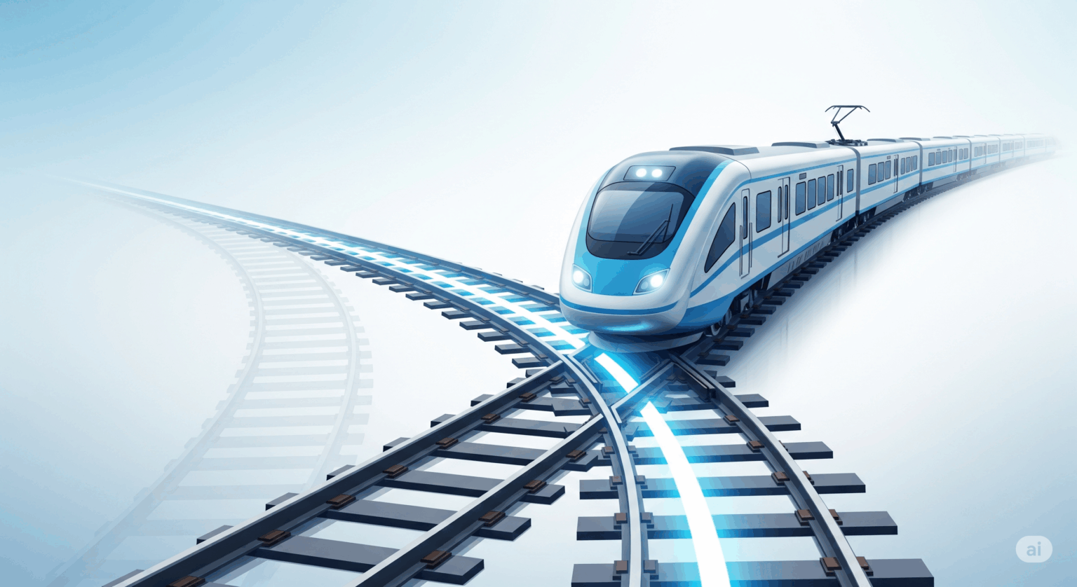 ドコモ光への簡単な乗り換え手順を表現したアイキャッチ画像。未来的なデザインの電車が、薄暗く消えゆく古い線路から、光り輝く新しい線路へとスムーズに切り替わっていく様子。乗り換えの不安がなく、快適な未来へ進むイメージ。