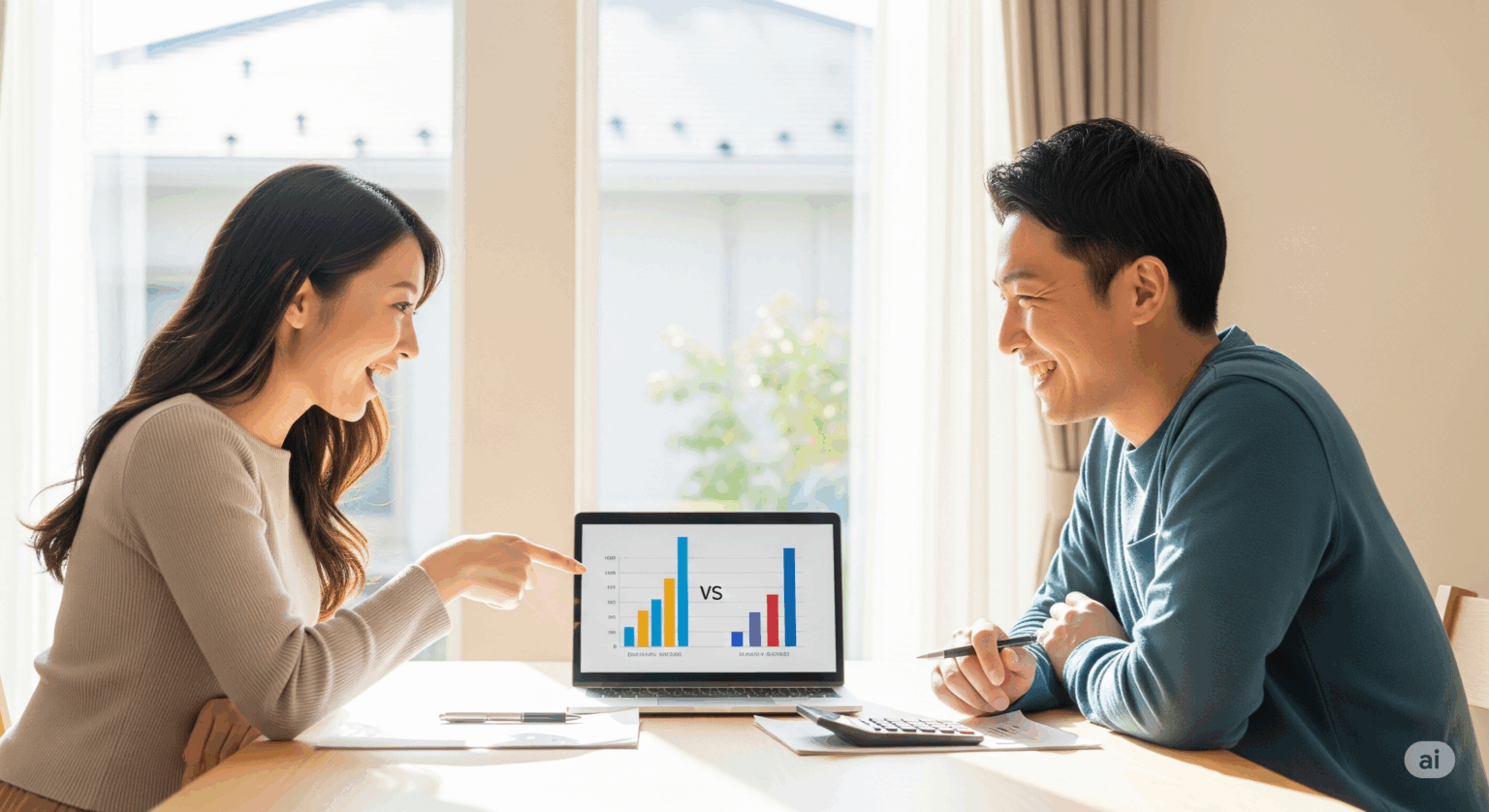 ダイニングテーブルで、夫婦がノートパソコンの画面を一緒に見ている様子。画面には料金比較の棒グラフが表示されており、女性が嬉しそうに画面を指さし、男性も笑顔で頷いている。スマホプランの料金シミュレーションをして、節約効果の大きさに喜んでいるイメージ。