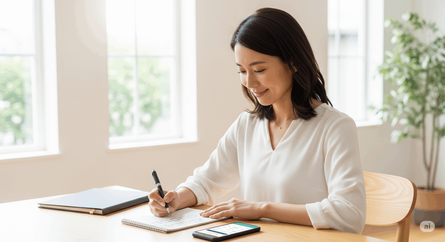 ahamoへの乗り換え準備のため、チェックリストを確認している女性。明るい部屋の机で、スマートフォンの横に置いたリストの項目に、満足そうな笑みを浮かべてペンでチェックを入れようとしている。事前の準備が順調に進んでいることを示すイメージ。