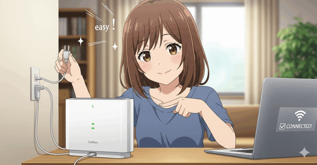 SoftBank Airの「簡単設定」を表現したアニメ風アイキャッチ画像。女性が電源を挿すだけでWi-Fiに接続できたことに安堵し、初心者でも手軽にインターネットを始められるという記事のメッセージを視覚的に伝えている。