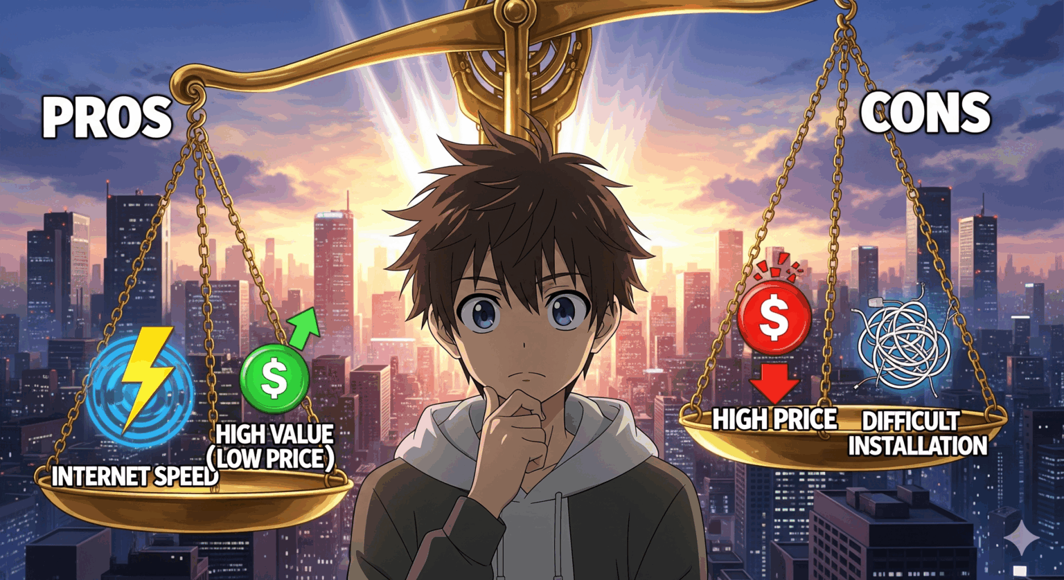 SoftBank Airのメリット・デメリットを比較検討するアニメ風アイキャッチ画像。キャラクターが天秤の前で悩む姿は、契約前に長所と短所をしっかり理解したいユーザー心理を表現しており、記事が後悔しないための判断材料を提供することを示唆している。