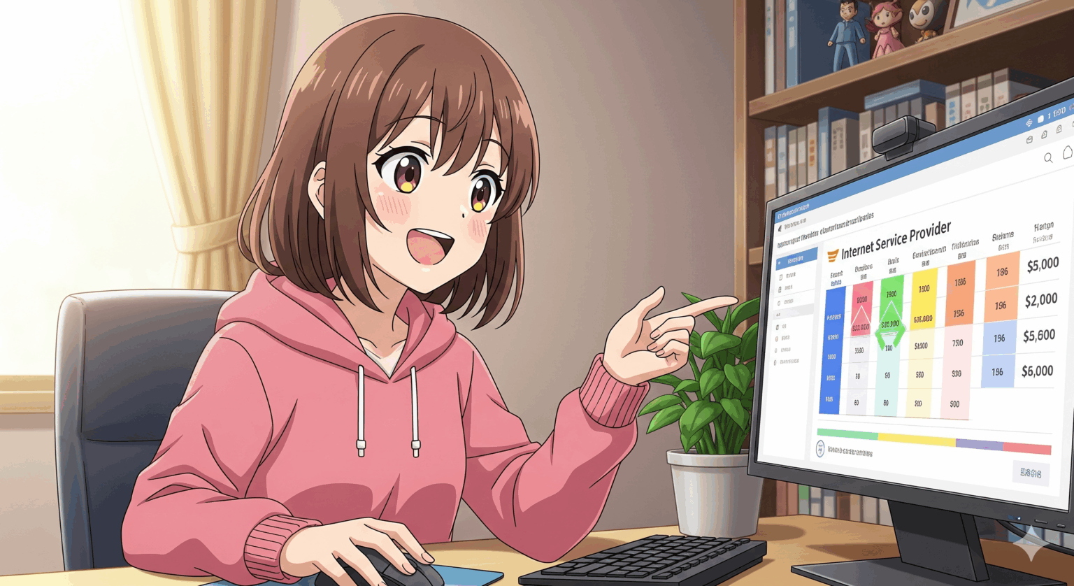 SoftBank Airの料金プランやキャンペーンを比較検討しているアニメ風アイキャッチ画像。女性がパソコン画面で他社との料金表を見て納得している様子は、記事が読者の費用に関する疑問を解決することを示唆している。