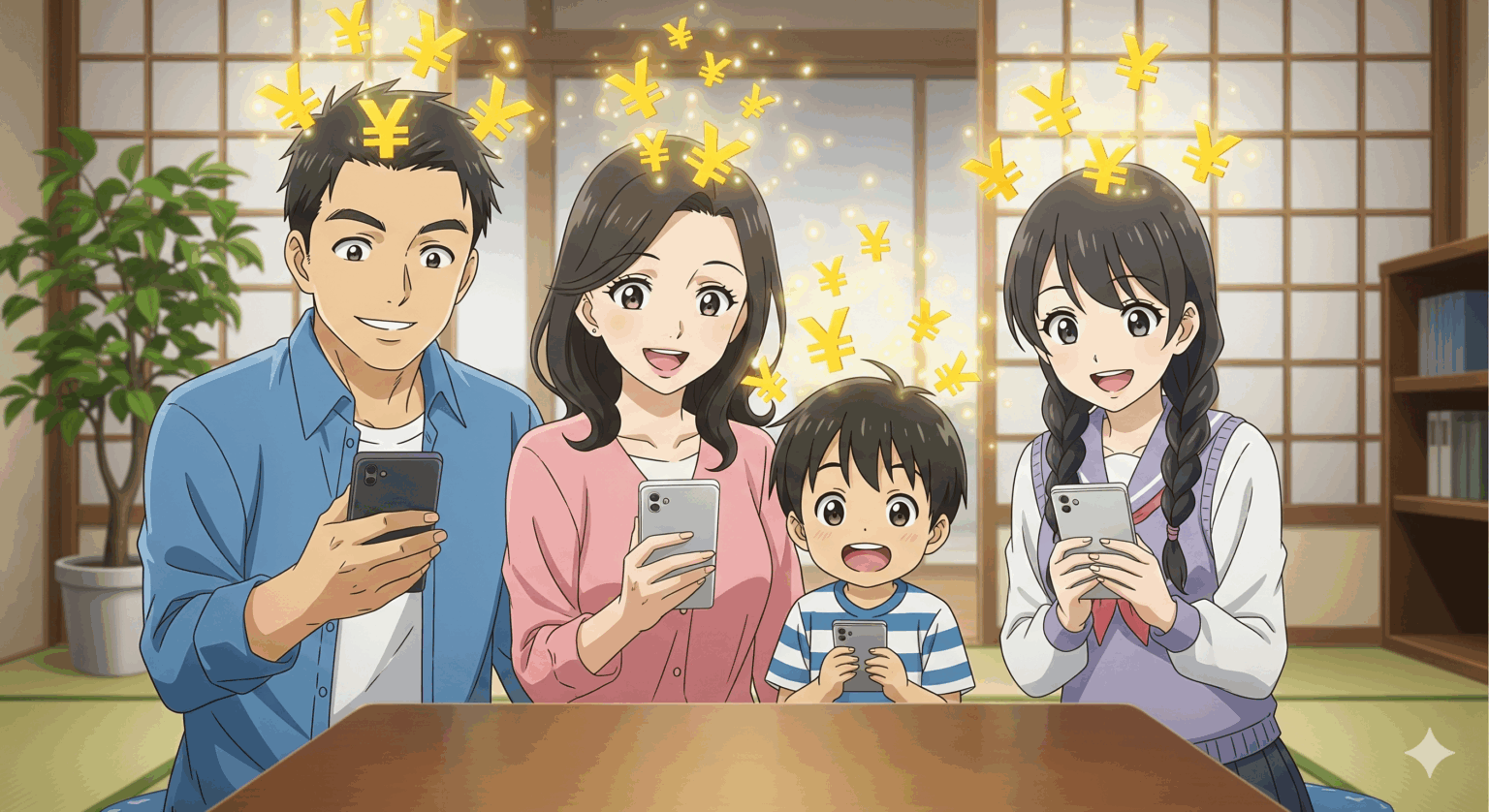 SoftBank Airの「おうち割 光セット」による家族割のメリットを表現したアニメ風アイキャッチ画像。家族全員のスマートフォン料金が割引になることで、家計全体の通信費が節約できる喜びを、キャラクターの笑顔と光り輝く円マークで視覚的に伝えている。