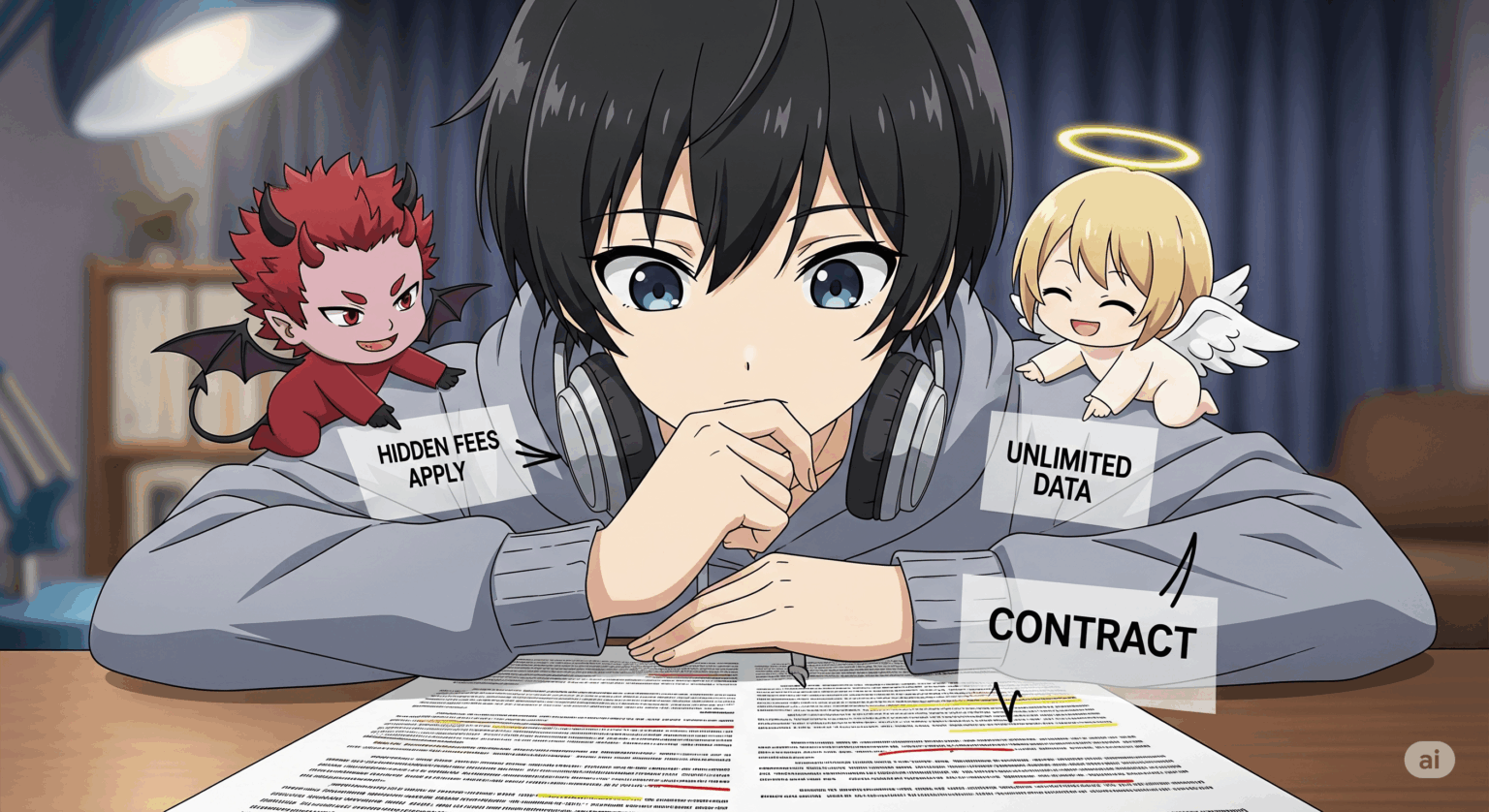 auひかりとBIGLOBEの評判を比較検討するアニメ調の男性のイラスト。天使と悪魔で良い評判と悪い評判を表現し、契約前の注意点を促すアイキャッチ画像。